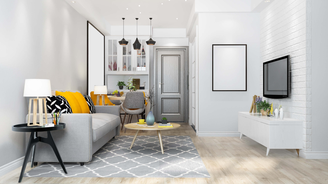 Fresh uploads daily 3d rendering loft luxury living room with shelf near dining table counter