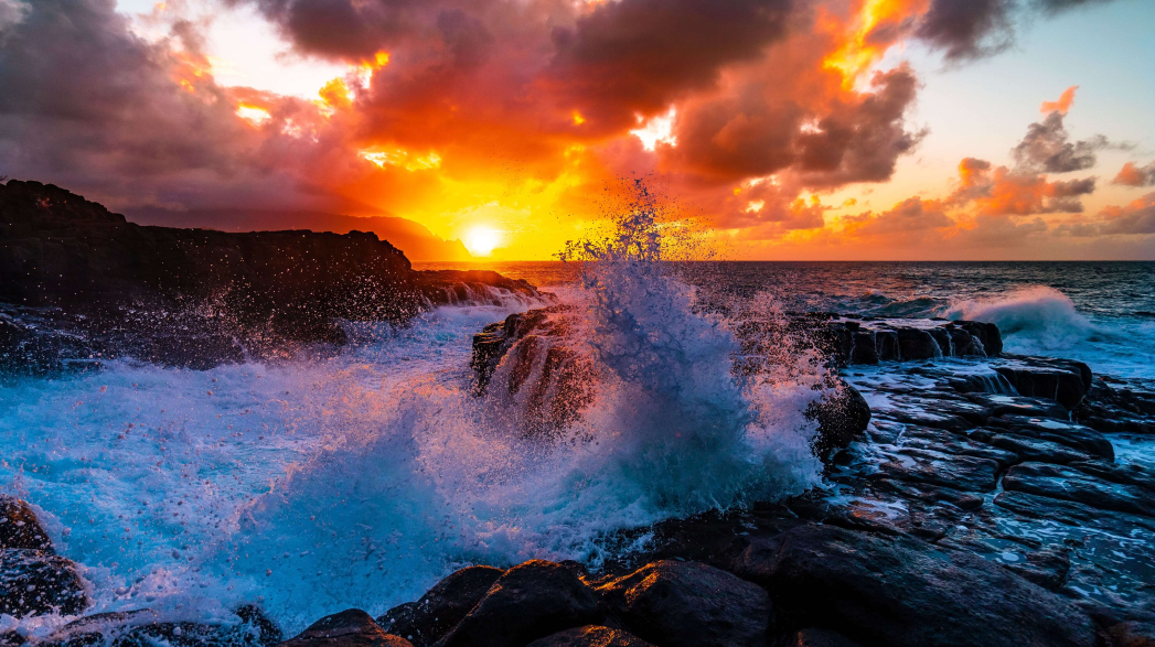 The horse is a familiar beautiful scenery rock formations by sea queens bath kauai hawaii sunset min min min